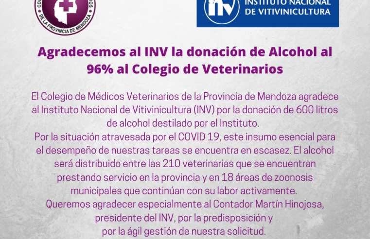 El INV donó 600 litros del alcohol al Colegio de Veterinarios