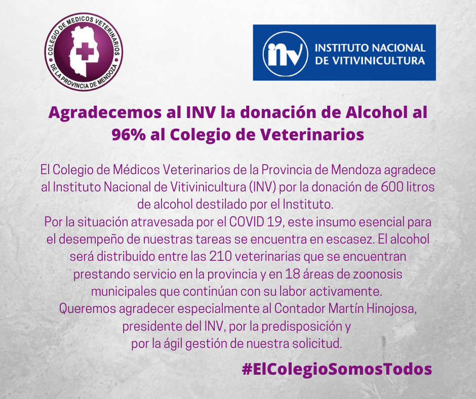 El INV donó 600 litros del alcohol al Colegio de Veterinarios
