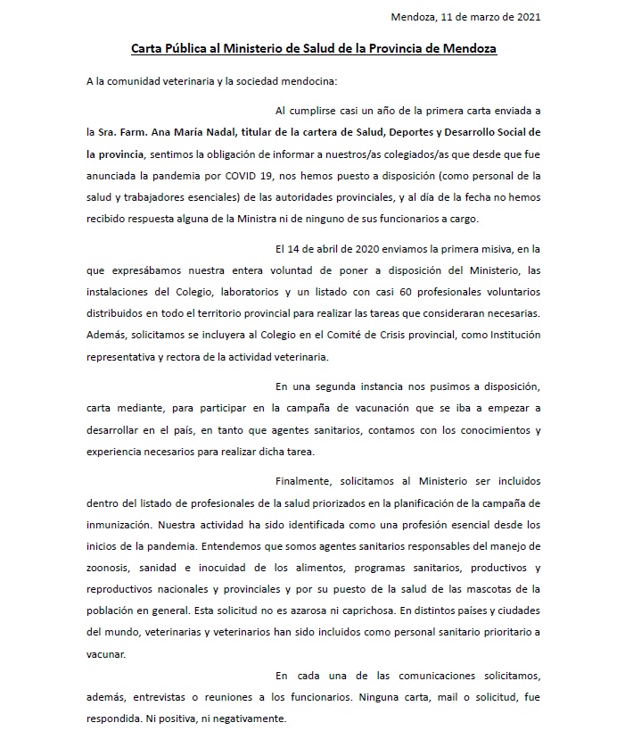 Carta Pública al Ministerio de Salud de la Provincia de Mendoza
