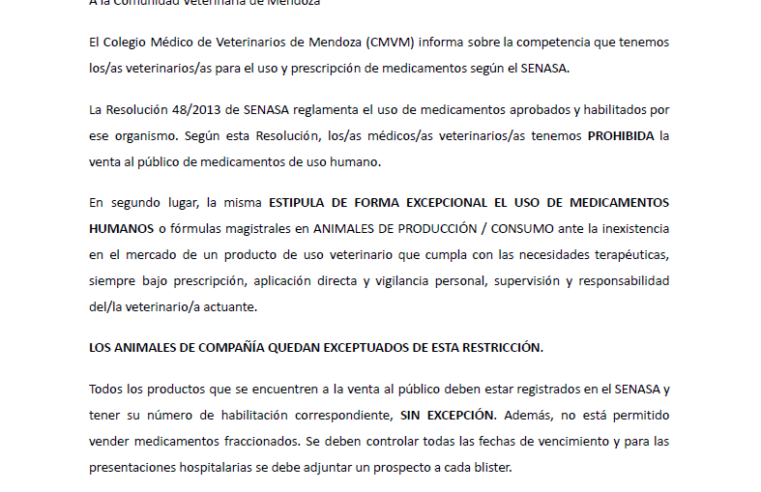 Comunicado “Sobre el uso de Medicamentos aprobados y habilitados por SENASA”