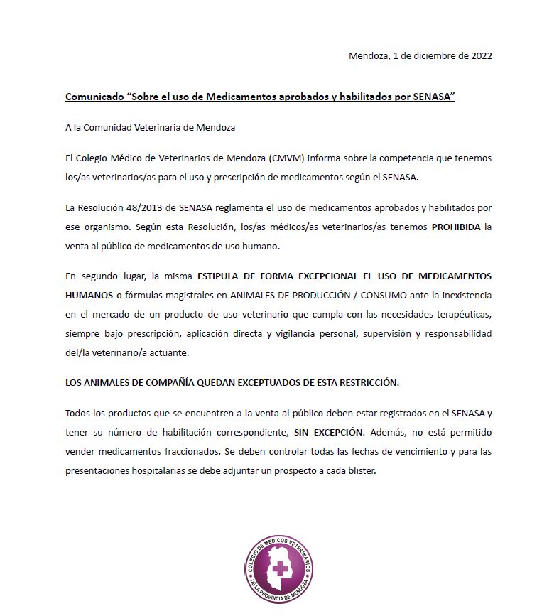 Comunicado “Sobre el uso de Medicamentos aprobados y habilitados por SENASA”