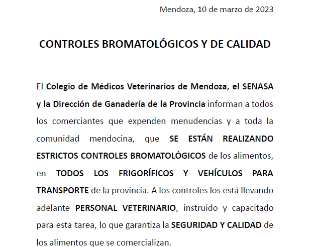 Comunicado sobre «Controles Bromatológicos»