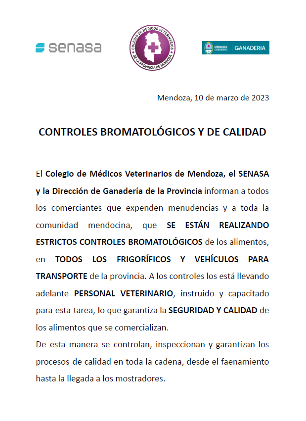 Comunicado sobre «Controles Bromatológicos»